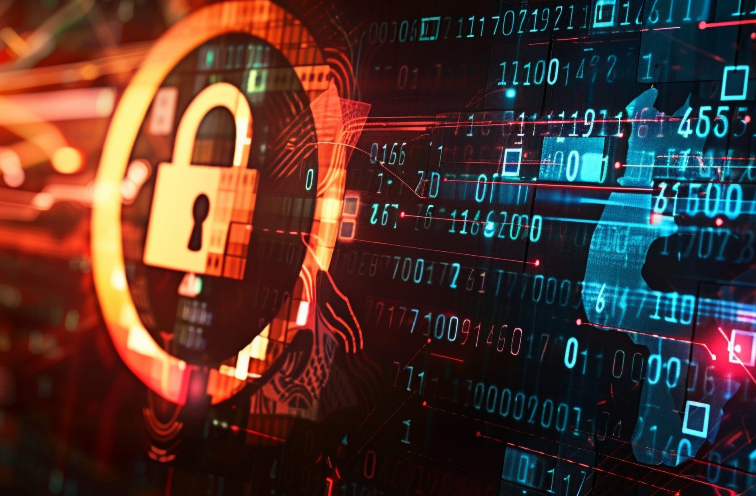 Glowing padlock icon amidst digital data streams, symbolizing cy Onsite IT Network Management
